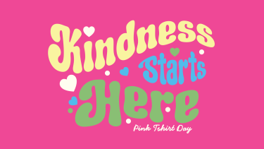 Yellow, turquoise and green text against a hot pink background. The text says, "kindness starts here."