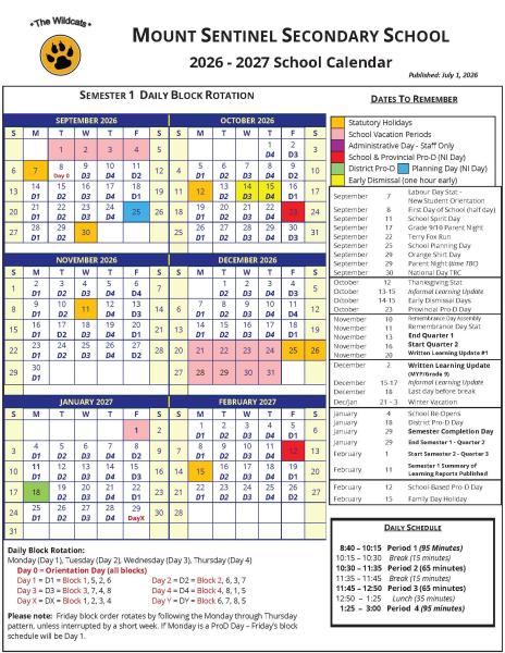 School Calendar - Semester 1