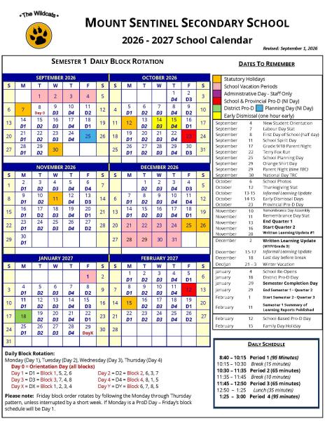 School Calendar - Semester 1