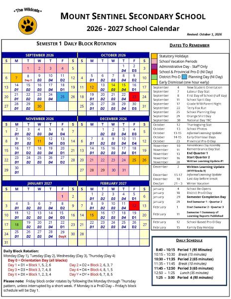 School Calendar - Semester 1